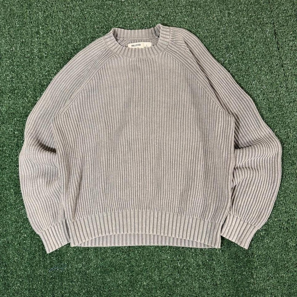 Hollister Boxy Knit Sweater Mens Small Light Gray Ribbed Raglan Streetwear 0203